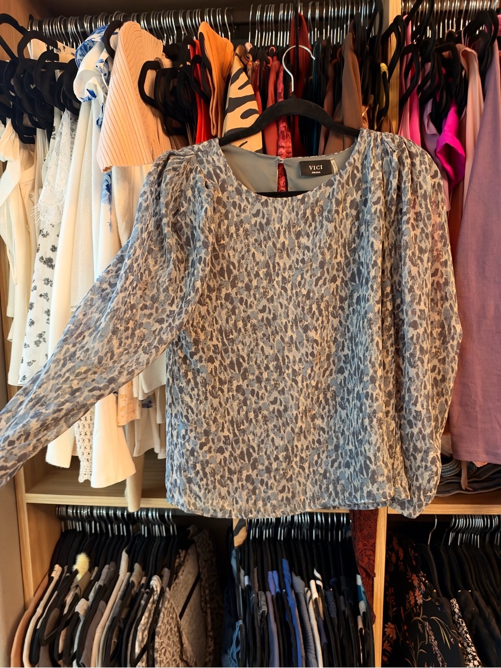 VICI Blue and Gray Leopard Print Long-Sleeve Blouse